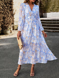 themeisles Split-Joint Ruffled Flower Print Loose Long Sleeves Deep V-Neck Maxi Dresses