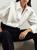 themeisles Solid Color Buttoned Loose Long Sleeves Lapel Blouses&Shirts Tops