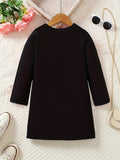 Brief Alphabet Print Fitted Long Sleeve Crew Neck Casual Dress for Girls - Soft Slight Stretch Polyester Material, Round Neck, Regular Fit, No Belt or Chest Pad - Perfect for Spring and Fall Seasons