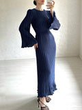 themeisles Flared Sleeves Long Sleeves Pleated Ruffled Solid Color Round-Neck Maxi Dresses
