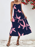 themeisles Floral Printed Contrast Color Sleeveless Loose Spaghetti-Neck Midi Dresses