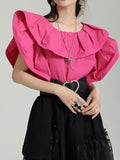 themeisles Split-Joint Solid Color Pleated Falbala Short Sleeves Loose Round-Neck Blouses
