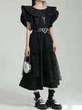 themeisles Split-Joint Solid Color Pleated Falbala Short Sleeves Loose Round-Neck Blouses