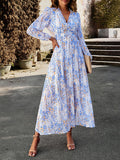 themeisles Split-Joint Ruffled Flower Print Loose Long Sleeves Deep V-Neck Maxi Dresses