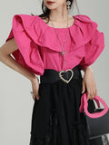 themeisles Split-Joint Solid Color Pleated Falbala Short Sleeves Loose Round-Neck Blouses