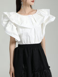 themeisles Split-Joint Solid Color Pleated Falbala Short Sleeves Loose Round-Neck Blouses
