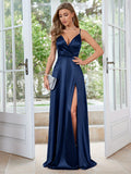 Extra-Long Satin A-Line V Neck Sleeveless Dress - Elegant Party & Banquet Dress with Split Thigh, Micro Elasticity, and Ball Gown Hem - Hand Wash or Professional Dry Clean, Solid Color, and All Season Wear