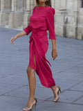 themeisles Tied Waist Solid Color Pleated Three-Quarter Sleeves Loose Boat Neck Maxi Dresses