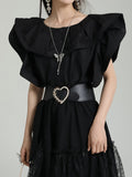 themeisles Split-Joint Solid Color Pleated Falbala Short Sleeves Loose Round-Neck Blouses