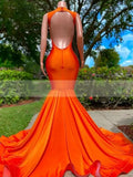 Black Girls Orange Mermaid Long Prom Dresses Beaded Crystals Rhinestone Deep V Neck Evening Dress Formal Open Back Sleeveless Party Gowns BC15130
