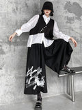 themeisles Original Loose Lace-Up Hollow Sleeve Blouse+Black Vest+Wide Leg Pants Culotte Three Pieces Set