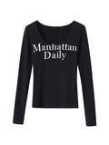themeisles Letter Print Skinny Long Sleeves U-Neck T-Shirts