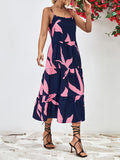 themeisles Floral Printed Contrast Color Sleeveless Loose Spaghetti-Neck Midi Dresses