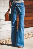 themeisles Street Plain With Belt Boot Cut Solid Color Bottoms