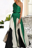 themeisles Fashion Elegant Patchwork Contrast Oblique Collar Waist Skirt Dresses(6 Colors)