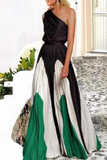 themeisles Fashion Elegant Patchwork Contrast Oblique Collar Waist Skirt Dresses(6 Colors)