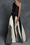 themeisles Fashion Elegant Patchwork Contrast Oblique Collar Waist Skirt Dresses(6 Colors)