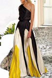 themeisles Fashion Elegant Patchwork Contrast Oblique Collar Waist Skirt Dresses(6 Colors)