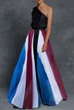 themeisles Fashion Elegant Patchwork Contrast Oblique Collar Waist Skirt Dresses(6 Colors)