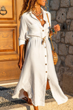 themeisles Casual Solid Pocket Buckle Turndown Collar Dresses
