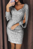 themeisles Fashion Elegant Patchwork Tassel Sequins V Neck Wrapped Skirt Dresses
