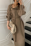 themeisles Casual Elegant Solid Buckle With Belt Turtleneck Dresses
