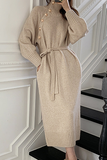 themeisles Casual Elegant Solid Buckle With Belt Turtleneck Dresses