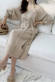 themeisles Casual Elegant Solid Buckle With Belt Turtleneck Dresses