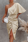 themeisles Elegant Solid Patchwork Fold Oblique Collar Evening Dress Dresses(5 Colors)