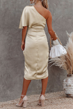 themeisles Elegant Solid Patchwork Fold Oblique Collar Evening Dress Dresses(5 Colors)