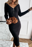 themeisles Fashion Elegant Solid Patchwork Zipper V Neck Pencil Skirt Dresses(3 Colors)