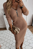 themeisles Fashion Elegant Solid Patchwork Zipper V Neck Pencil Skirt Dresses(3 Colors)