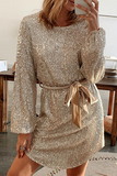 themeisles Elegant Solid With Belt Sequins O Neck A Line Dresses