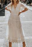 themeisles Fashion Solid Mesh V Neck Lace Dress Dresses