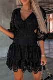themeisles Elegant Solid Hollowed Out V Neck Waist Skirt Dresses