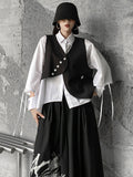 themeisles Original Loose Lace-Up Hollow Sleeve Blouse+Black Vest+Wide Leg Pants Culotte Three Pieces Set