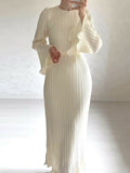 themeisles Flared Sleeves Long Sleeves Pleated Ruffled Solid Color Round-Neck Maxi Dresses