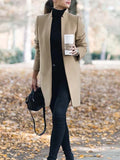 themeisles Long Sleeves Solid Color Split-Joint Stand Collar Outerwear Woolen Coat