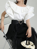 themeisles Split-Joint Solid Color Pleated Falbala Short Sleeves Loose Round-Neck Blouses