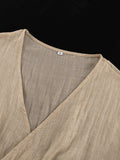 themeisles Tied Waist Split-Side Solid Color See-Through Three-Quarter Sleeves Loose V-Neck Midi Dresses