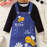 Brief Alphabet Print Fitted Long Sleeve Crew Neck Casual Dress for Girls - Soft Slight Stretch Polyester Material, Round Neck, Regular Fit, No Belt or Chest Pad - Perfect for Spring and Fall Seasons