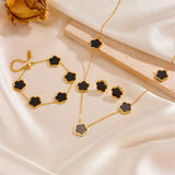 Three-Piece Complete Jewelry Set - Durable Titanium Steel Plated 18K Gold Lucky Five-Leaf Grass Necklace, Bracelet, and Stud Earrings - Perfect Lady Gift for Birthday and Special Occasions
