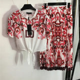 Letters Printed T Shirts Pleated Dress Womens Clothing Sets Vintage Print Short Sleeve Tees Tops Women High Waist Skirts Two Piece