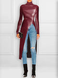 themeisles Long Sleeves Skinny Solid Color Split-Front High-Neck T-Shirts Tops