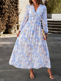 themeisles Split-Joint Ruffled Flower Print Loose Long Sleeves Deep V-Neck Maxi Dresses