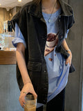themeisles Simple Split-Joint Solid Color Denim Vest Outerwear