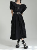 themeisles Split-Joint Solid Color Pleated Falbala Short Sleeves Loose Round-Neck Blouses