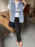 themeisles Simple Split-Joint Solid Color Denim Vest Outerwear