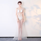 2025 Nightclub women's breast G219/sexy see-through dress evening lace hollow transparent deep V-neck long performance