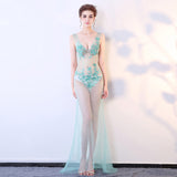 2025 Nightclub women's breast G219/sexy see-through dress evening lace hollow transparent deep V-neck long performance